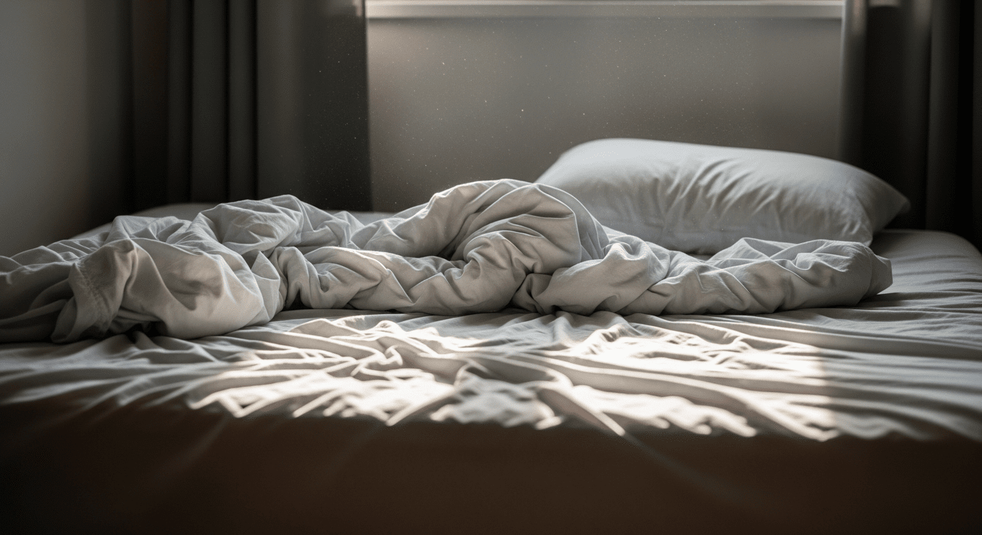 A beautifully messy, unmade bed bathed in soft, cool morning sunlight streaming through a nearby window