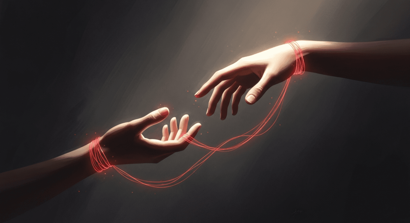 A subtle, artistic interpretation of a glowing red thread loosely wrapped around a pair of hands reaching toward each other