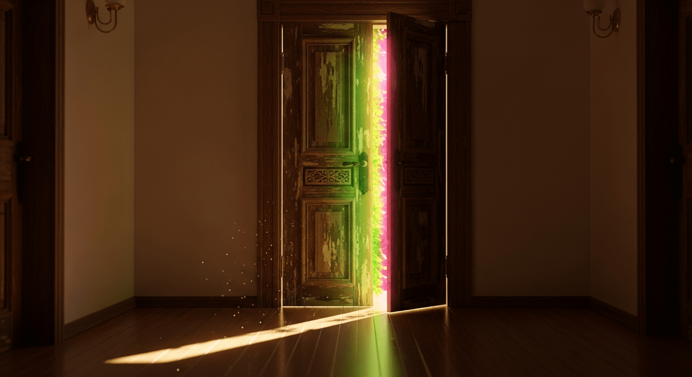A slightly ajar wooden door at the end of a softly lit corridor, revealing a glowing, vibrant light spilling out from the hidden room beyond.