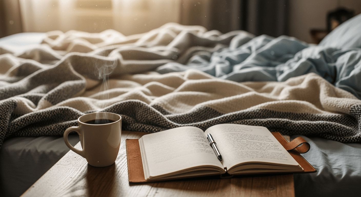 A steaming mug of coffee and an open journal resting on a messy bed covered in thick woven blankets, illuminated by soft morning light.