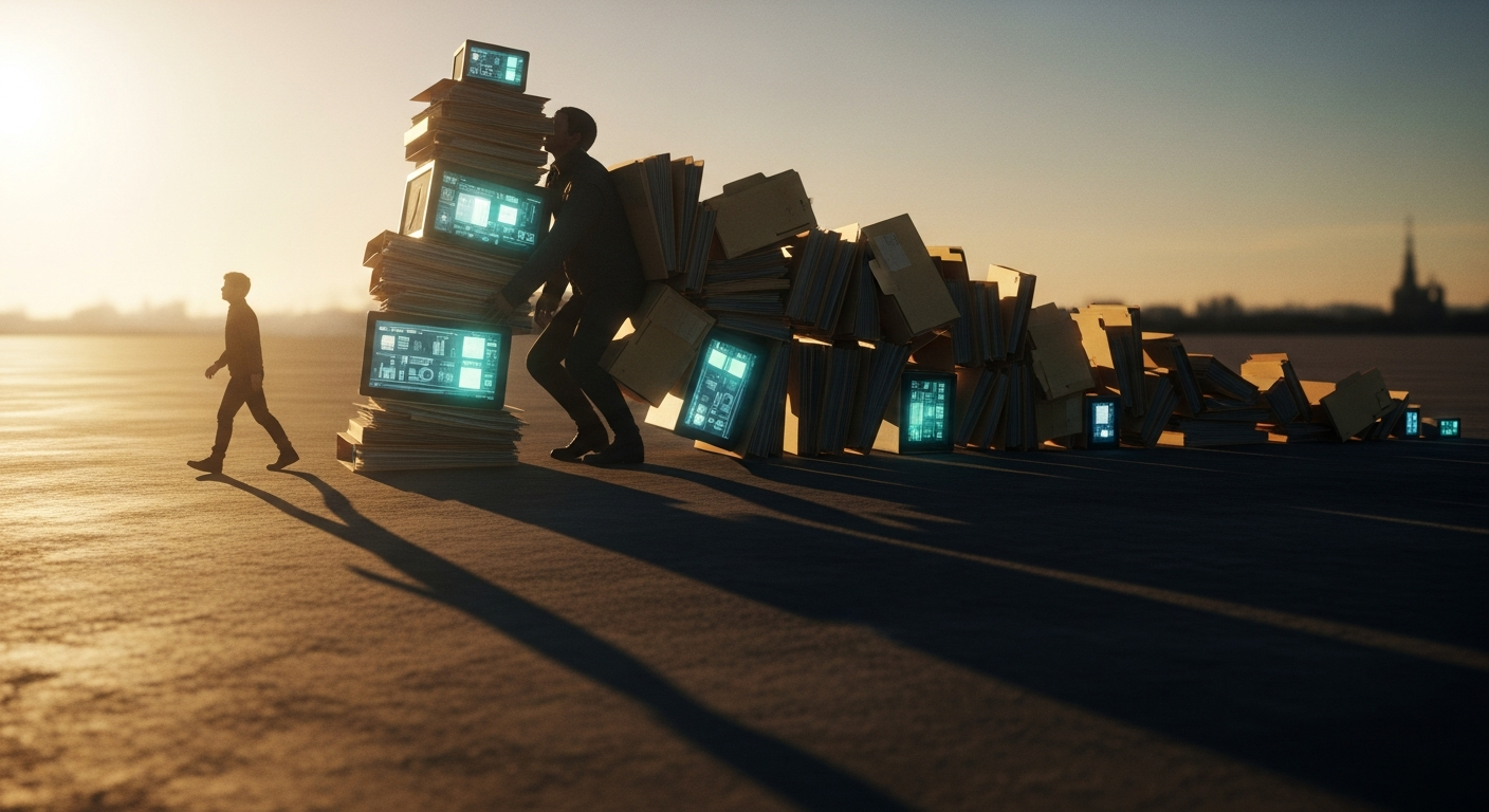 A surreal, beautifully lit image of a person walking forward, but their shadow stretching across the ground behind them is disproportionately large and appears to be carrying a massive, heavy stack of office folders and glowing digital screens.