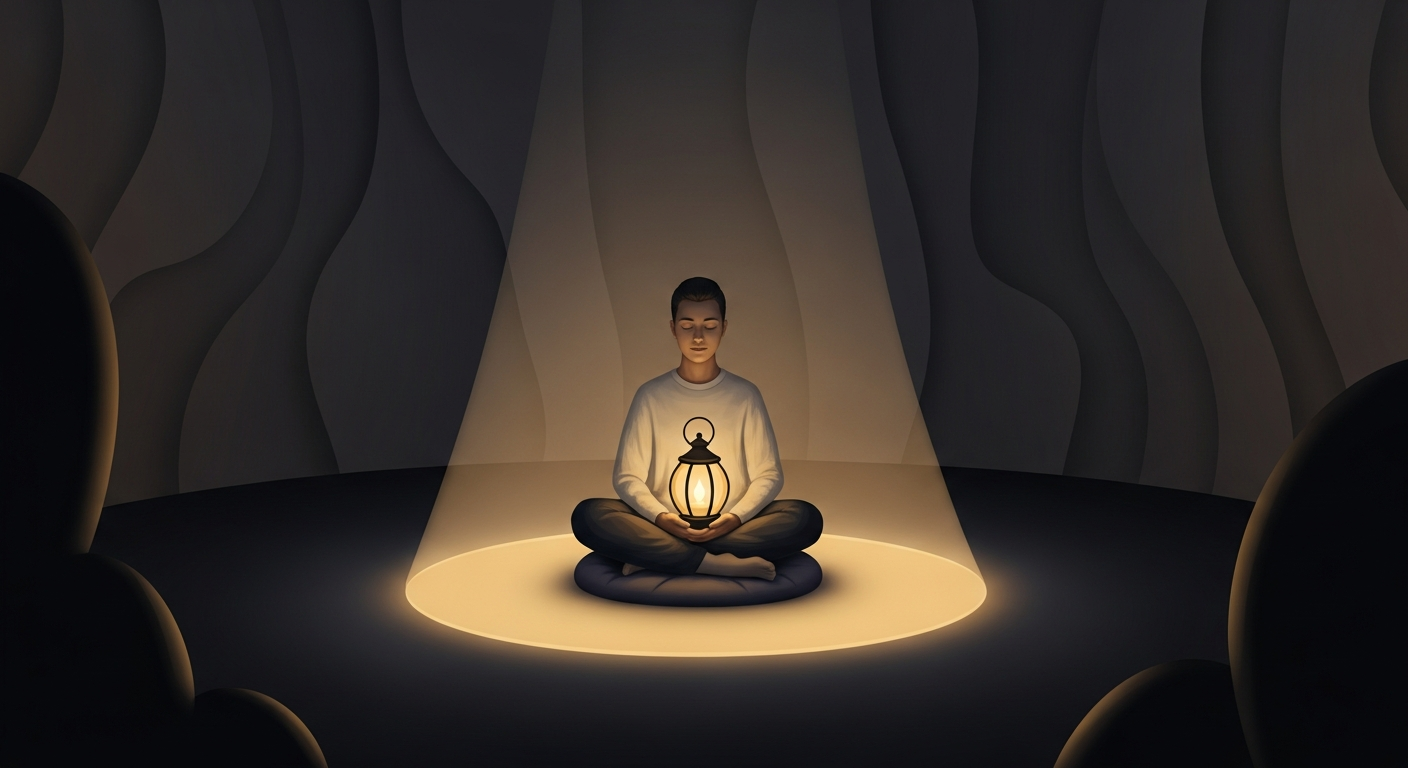 A serene, cozy image of a person sitting in a dimly lit, abstract room. They are holding a glowing lantern that casts a perfect, warm, protective circle of light around them. The darkness outside the circle feels soft, velvety, and peaceful rather than menacing, symbolizing the creation of a safe mental boundary.
