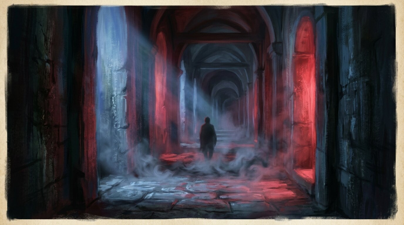 A figure stands in a foggy corridor illuminated by intersecting beams of deep red and soft blue light.