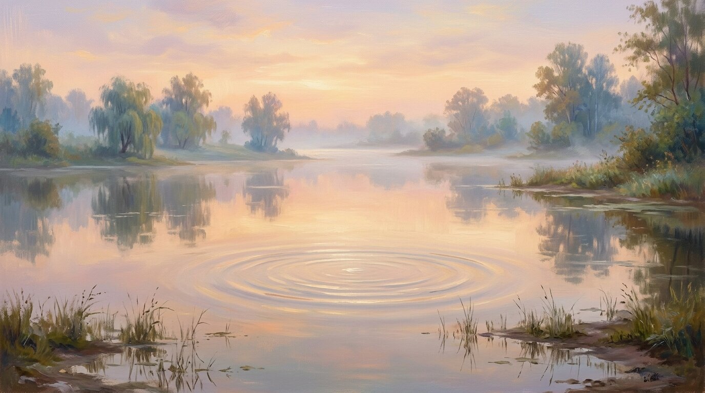 Gentle morning light shines over a quiet pool of water, where soft ripples slowly fade into stillness.