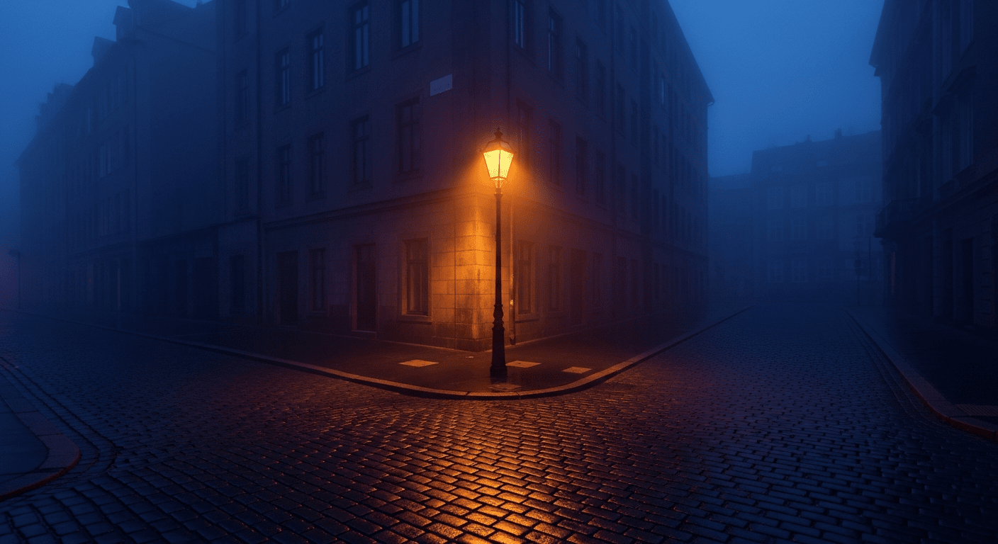 A single, glowing streetlamp illuminating a cobblestone corner in an otherwise empty, misty city at twilight. Deep indigo and soft amber tones capture the introspective feeling of a nighttime walk.