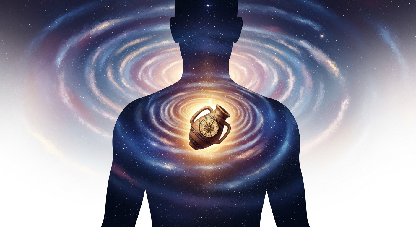 An illustration of a human silhouette seen from behind, containing a swirling galaxy of stars. At its heart, a single glowing piece of ancient pottery floats, emitting a warm light.
