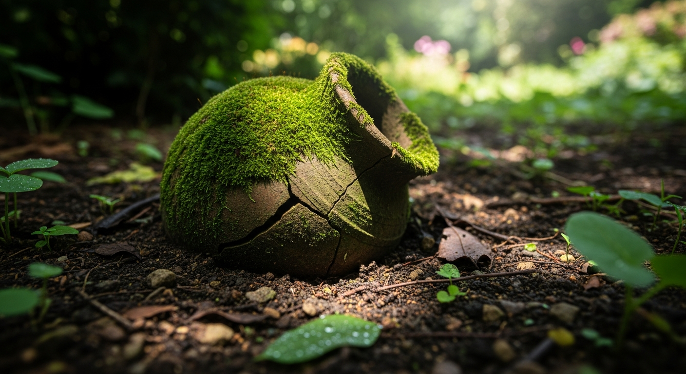 A realistic photo of a cracked, moss-covered clay pot half-buried in the damp soil of a lush, green garden. Early morning light filters through the leaves, highlighting its ancient texture.
