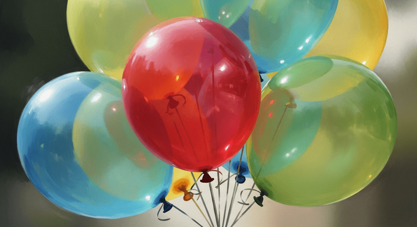 A soft, painterly illustration of a bouquet of colorful, translucent balloons tied together, with a single red balloon at the center that is more opaque than the others.