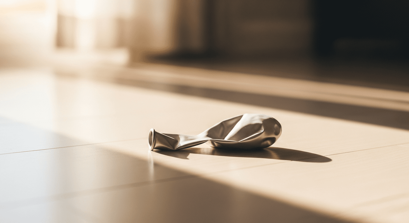 A dreamy, soft-focus photograph of a single, deflated silver balloon lying on a clean, hardwood floor, with morning light streaming in from a window. The mood is peaceful and accepting, not sad.