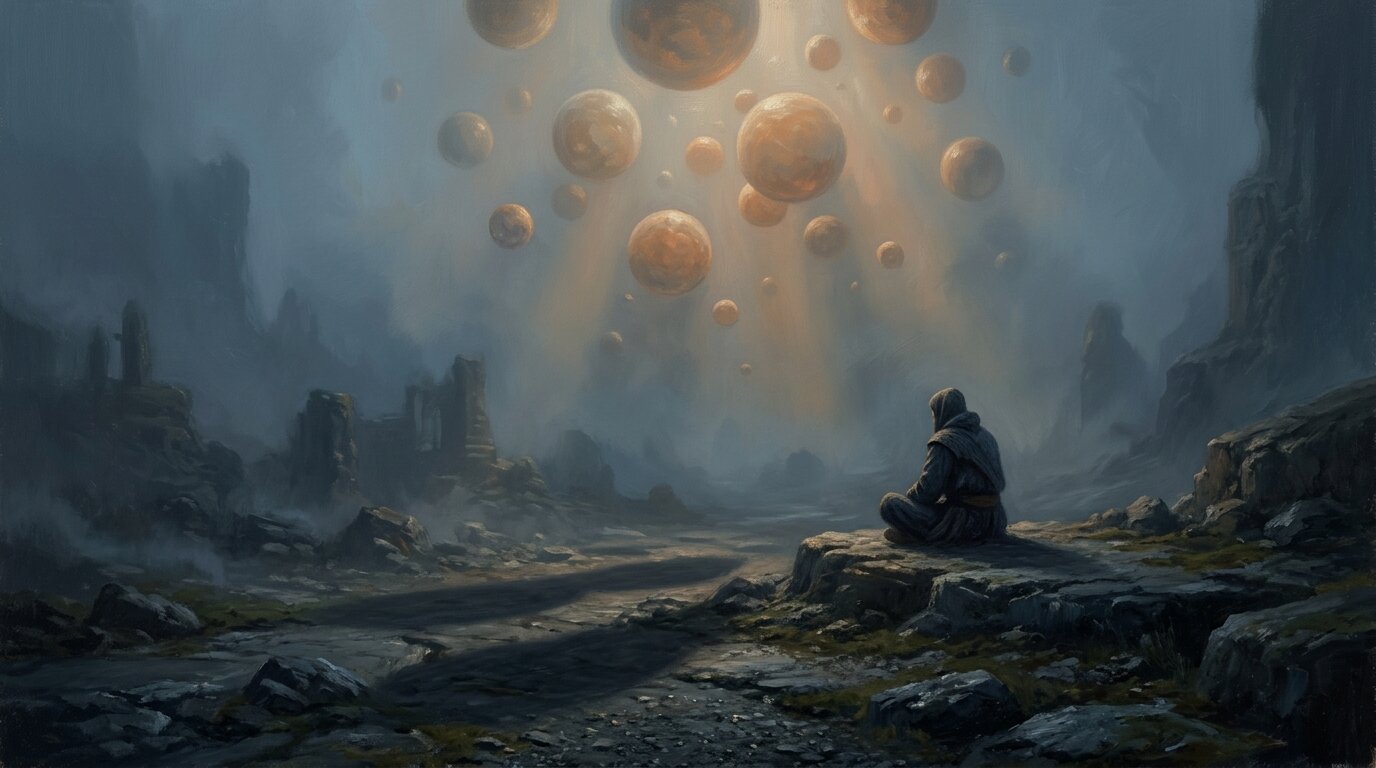 A lonely traveler sits on a stone bench surrounded by floating translucent spheres casting long shadows in a quiet slate-blue fog.