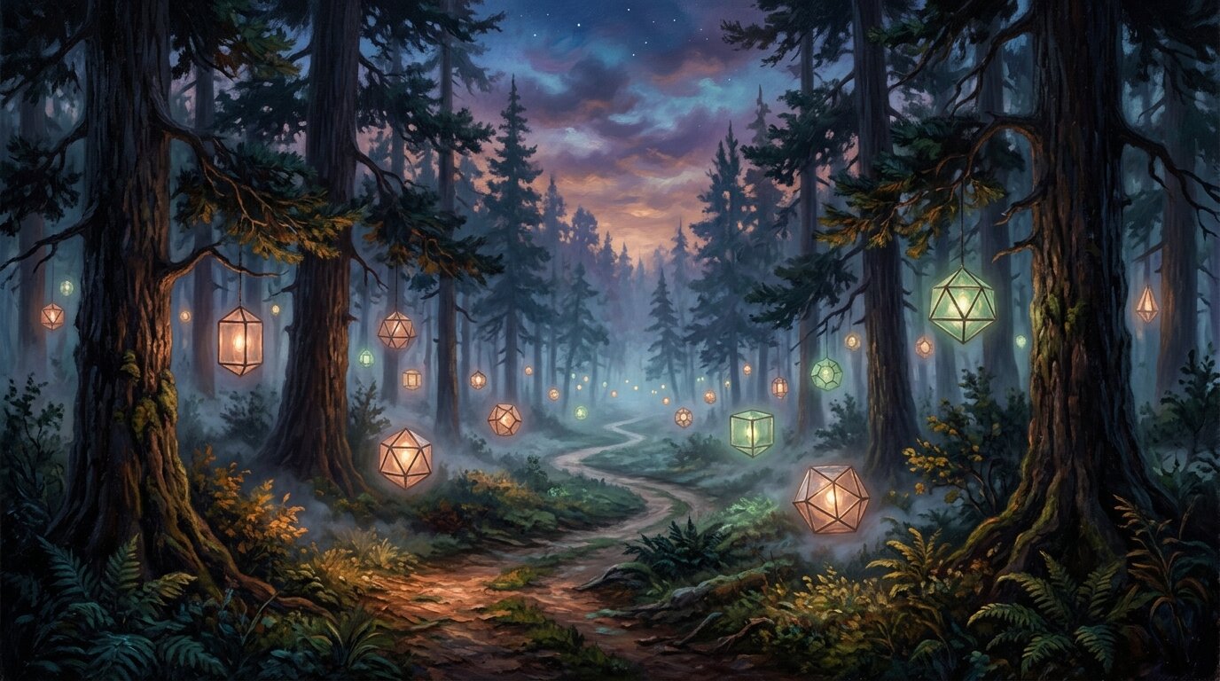 Glowing geometric lanterns hover among tall pine trees along a winding forest path bathed in soft copper moonlight.