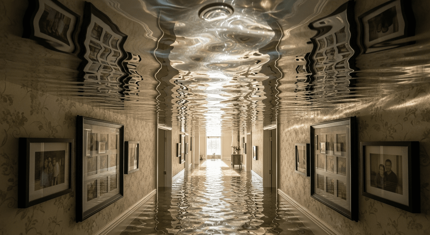 A point-of-view perspective looking down a residential hallway that is completely flooded with crystal clear water. Sunlight catches the ripples near the ceiling, creating beautiful dancing light patterns on the submerged family photos hanging on the walls.