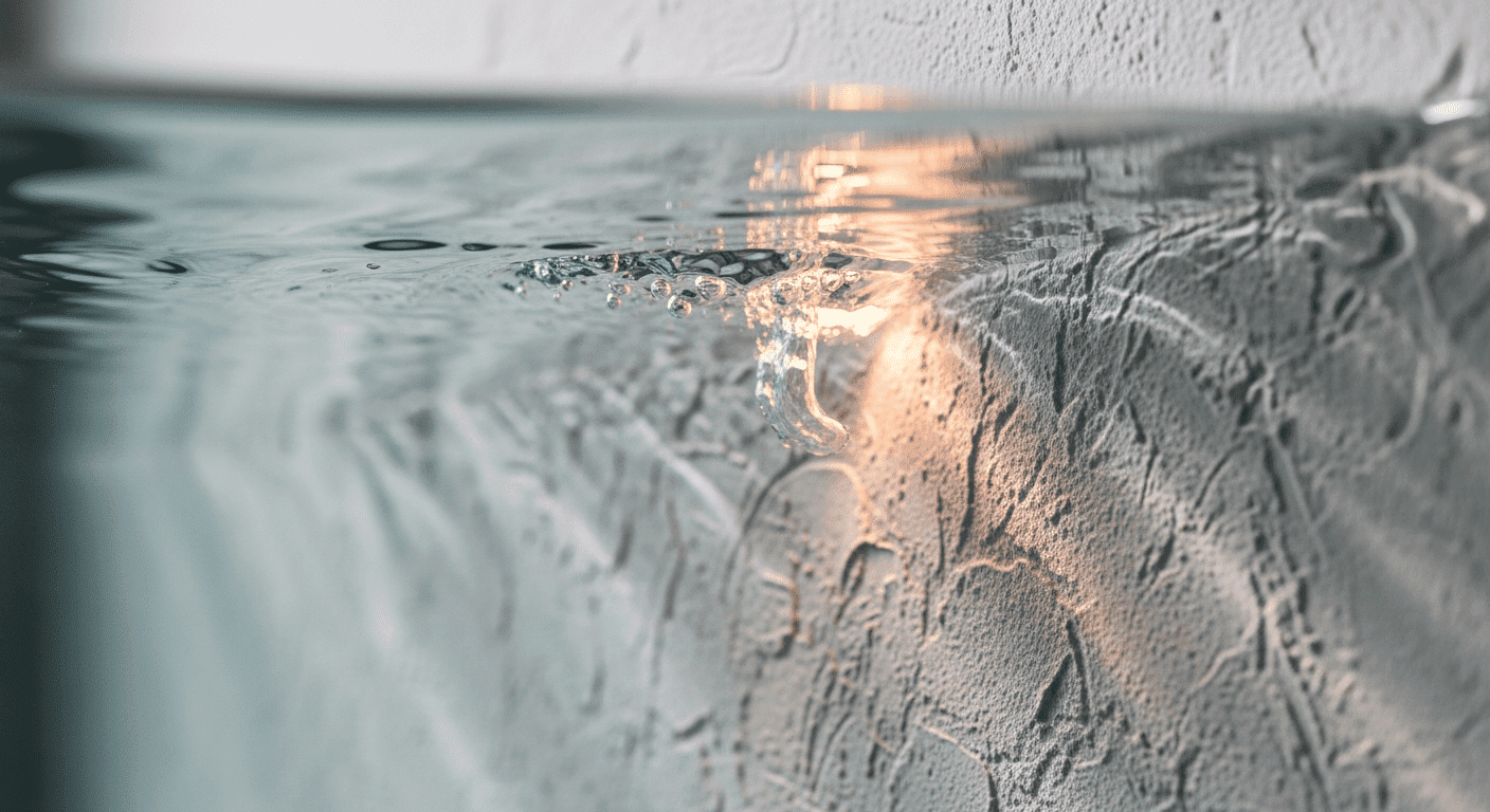 A close-up, artistic shot of the surface of water pressing right up against a white home ceiling. A small, glowing pocket of air remains between the gently rippling water and the plaster, symbolizing survival and seeking a moment to breathe. The lighting is cinematic, soft, and hopeful.