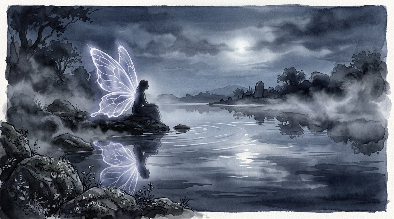 A seated figure rests by a dark reflective pond at dusk, where their shadow on the water morphs into delicate glowing wings.