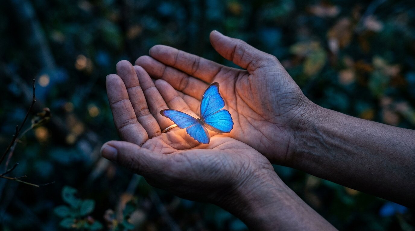 Two open hands hold a single glowing sapphire blue butterfly that emits a soft radiant light across the resting fingers.