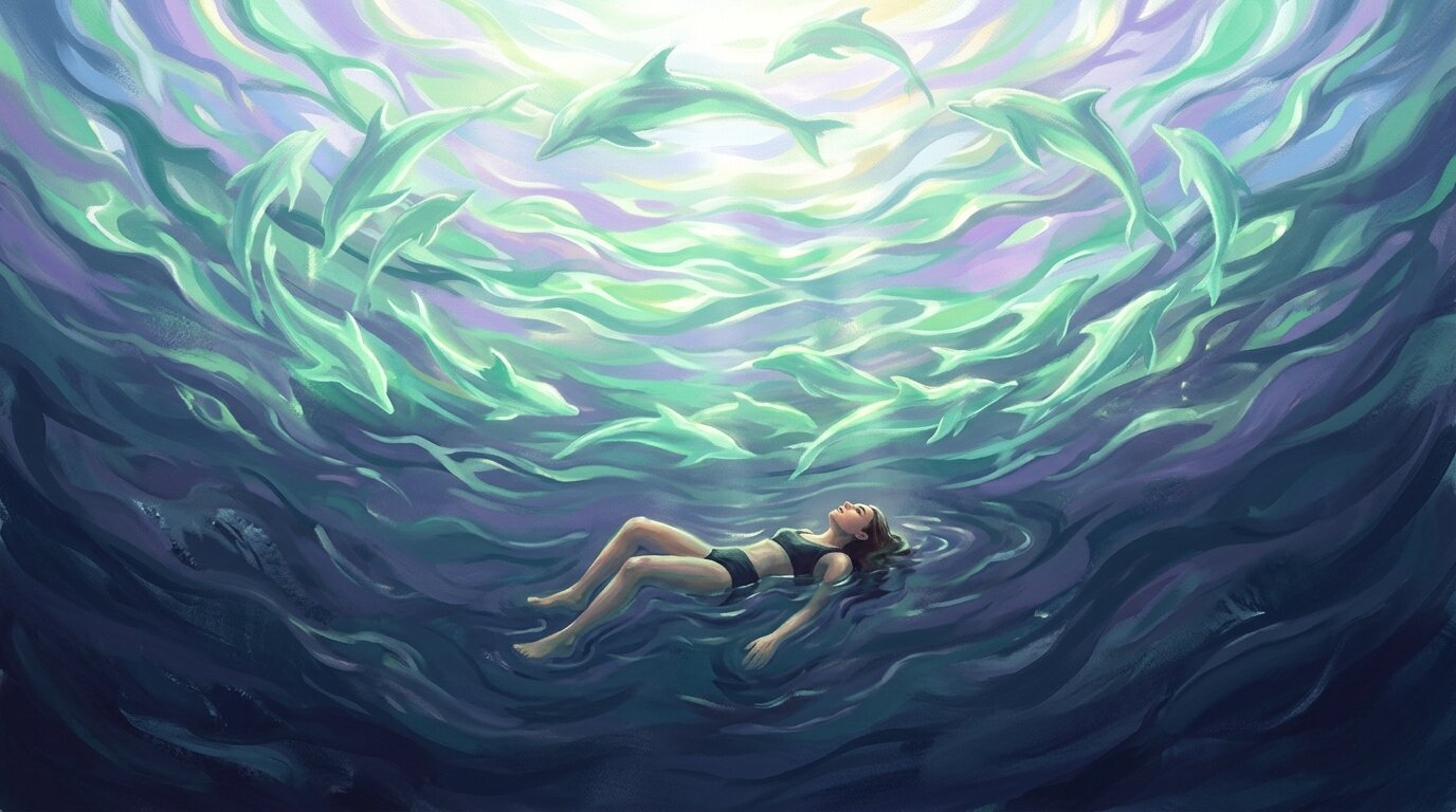 A peaceful swimmer floats in deep indigo water while glowing green dolphin silhouettes circle gracefully in sunlit ripples above.