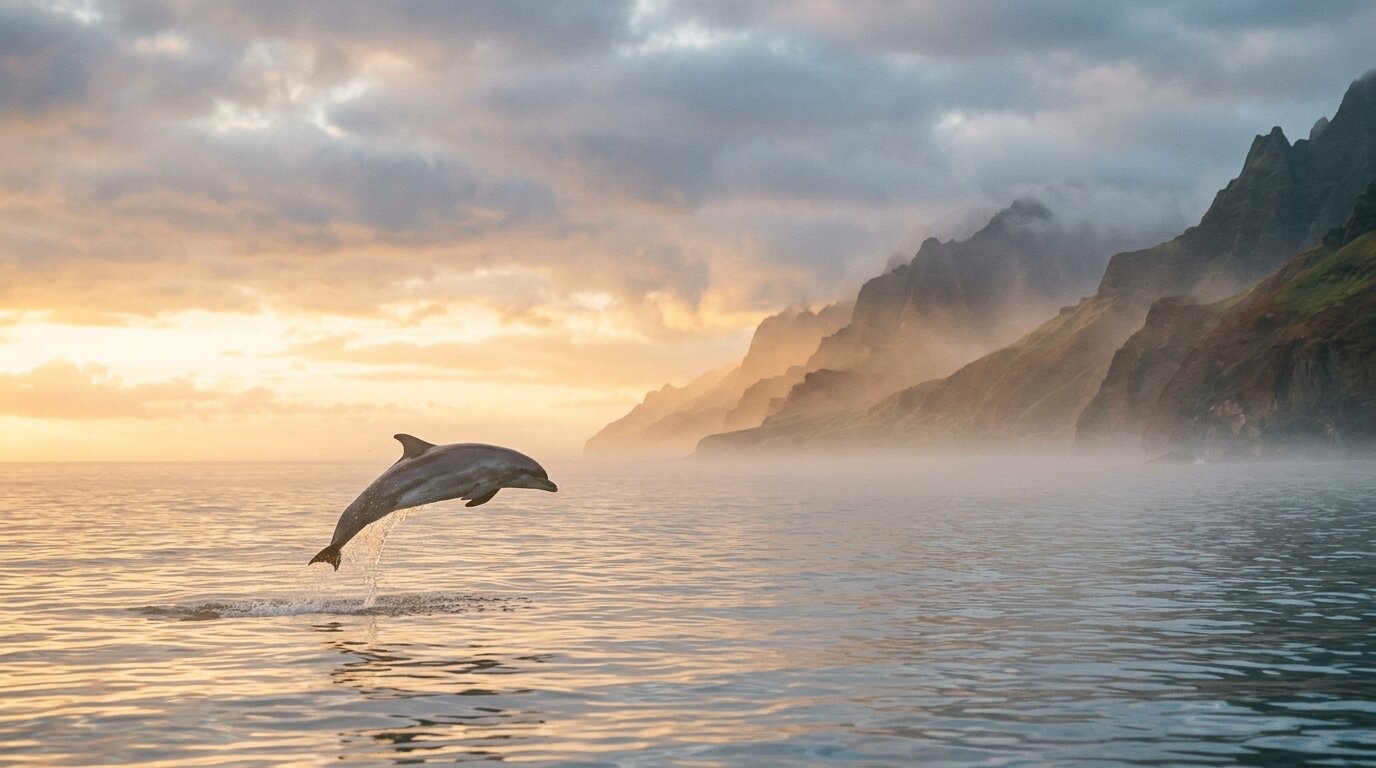 A majestic dolphin leaps high above mist-shrouded ocean waters during a golden sunrise against a backdrop of distant coastal cliffs.