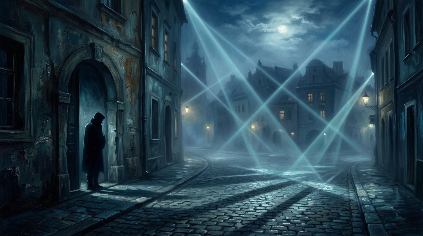 A dark silhouette crouches beneath a stone archway as bright beams of light cut through misty night air around them.