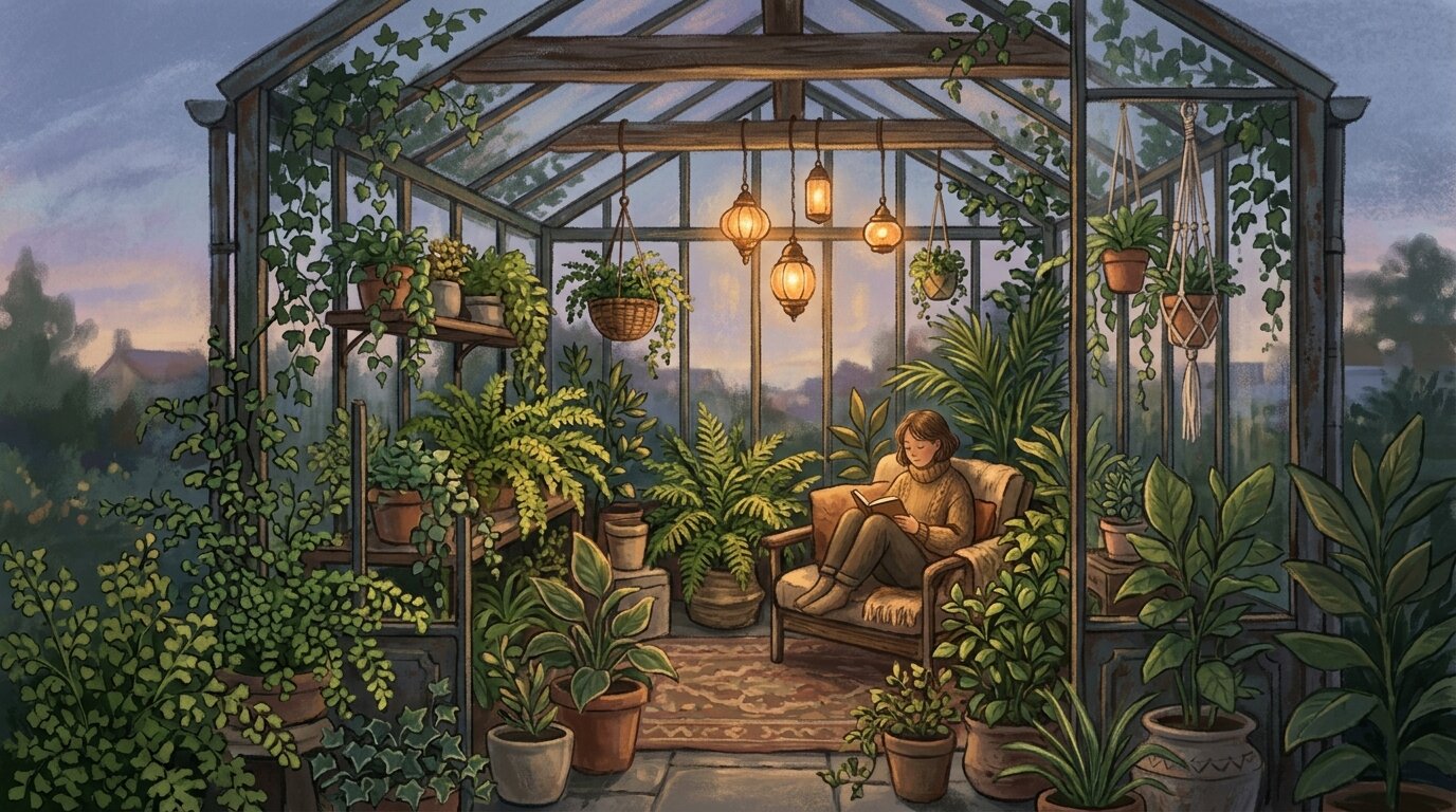 A person sits peacefully inside a warm, illuminated glass conservatory surrounded by greenery under a quiet evening sky.