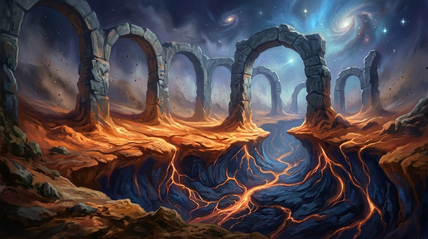 Ancient stone structures sit quietly upon dark earth illuminated from below by gentle copper and indigo veins of light.