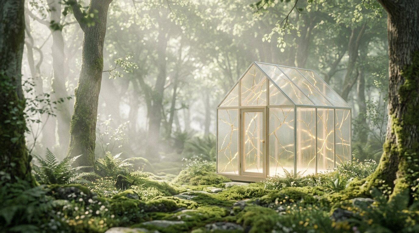 A small glass pavilion in a misty morning forest displays delicate gold-filled seams along its clear walls.