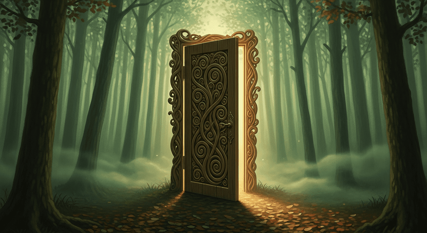 A surreal, beautiful illustration of a single wooden door standing slightly ajar in the middle of a misty, soft-focus forest. Gentle, warm light glows from behind the door, suggesting a welcoming destination.