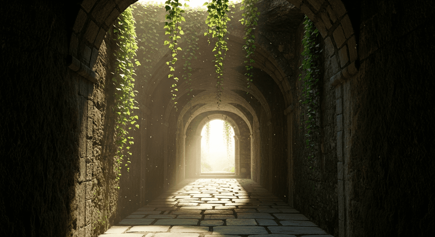 A beautiful, atmospheric image of a long, narrow passageway made of ancient stone. Soft, green ivy hangs from the ceiling, and bright, hopeful daylight streams in from an archway at the very end.