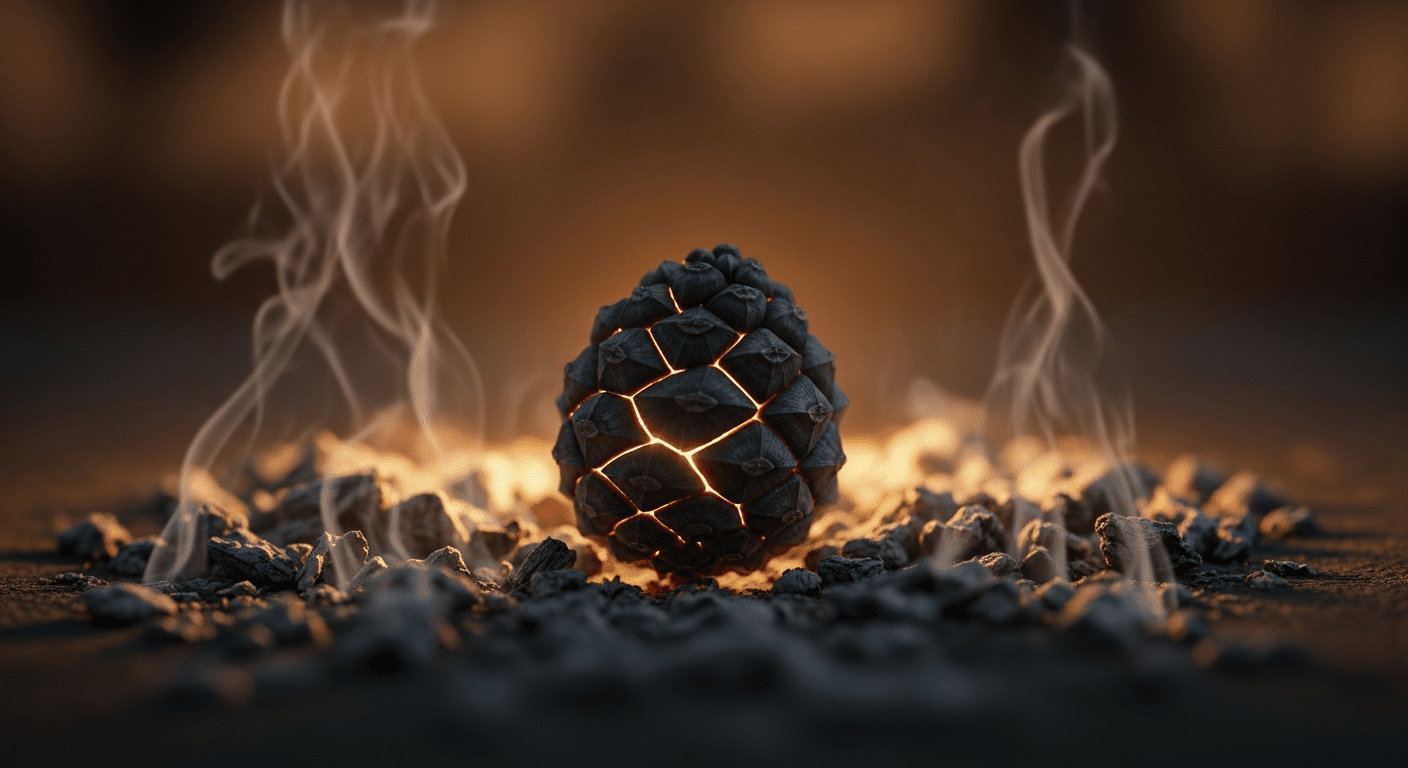 A tightly closed pinecone resting on softly smoking ashes with a warm glow emanating from its cracks