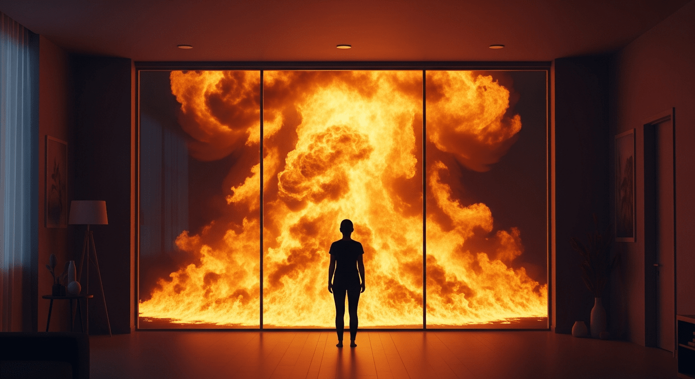 A person's silhouette looking through a window at a towering wall of bright orange flames