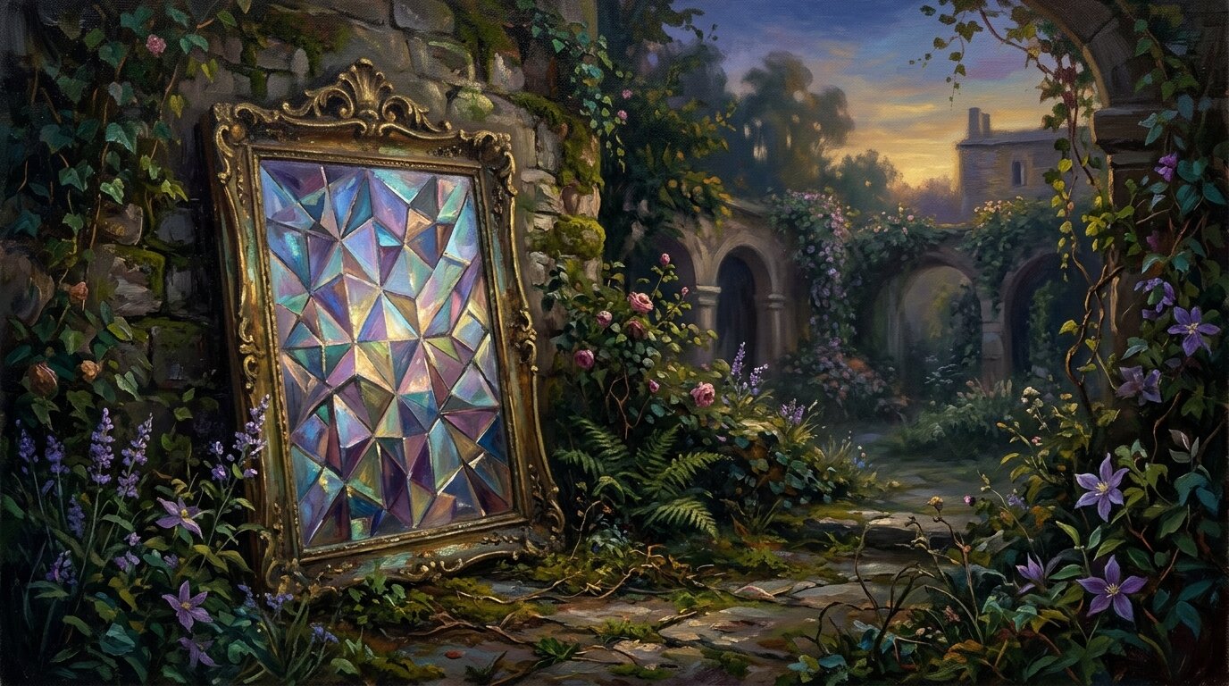 A tarnished vintage mirror rests on mossy stones in a quiet courtyard, reflecting a sky split into colorful glowing facets.
