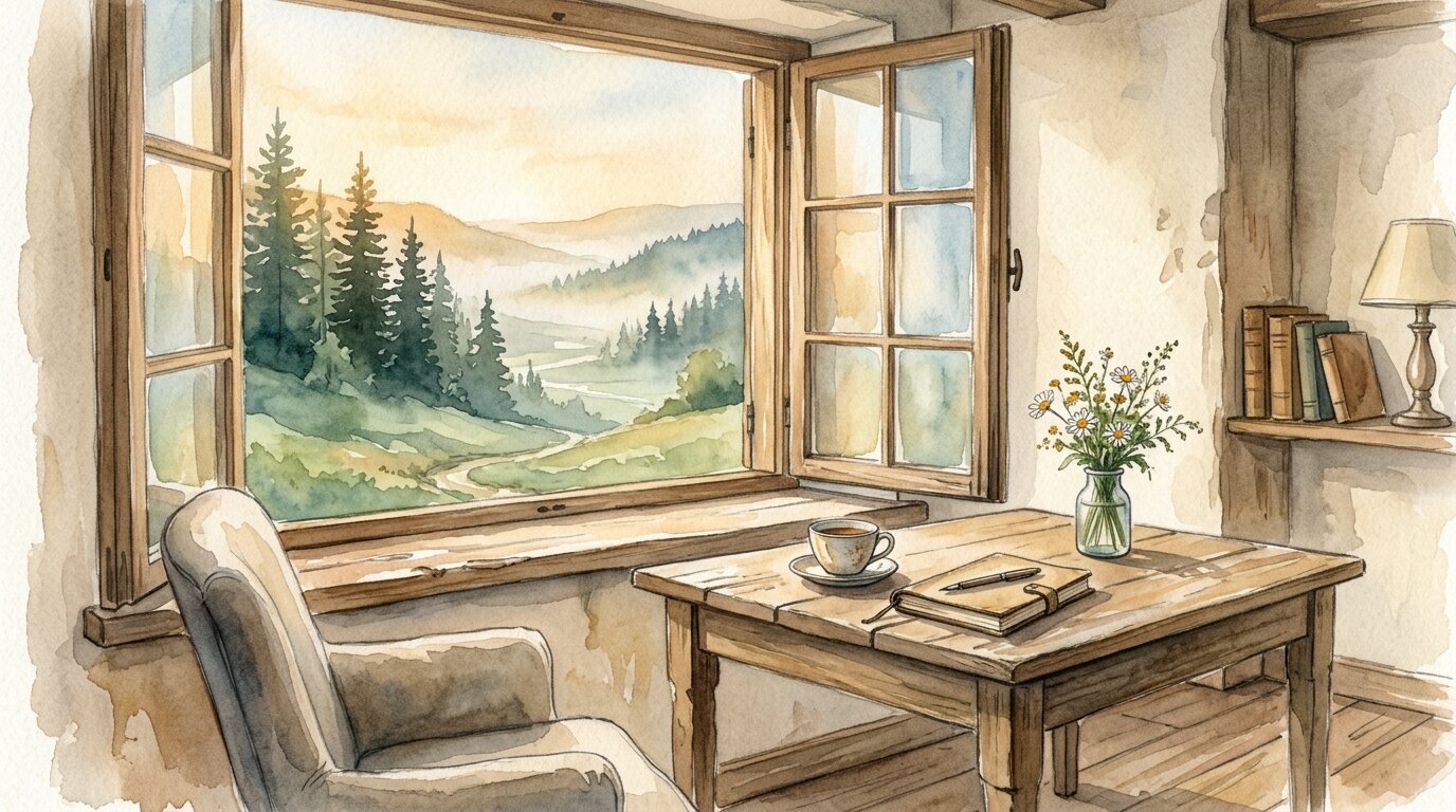 A quiet wooden room bathed in morning sunlight opens up to a view of peaceful, mist-covered green hills.
