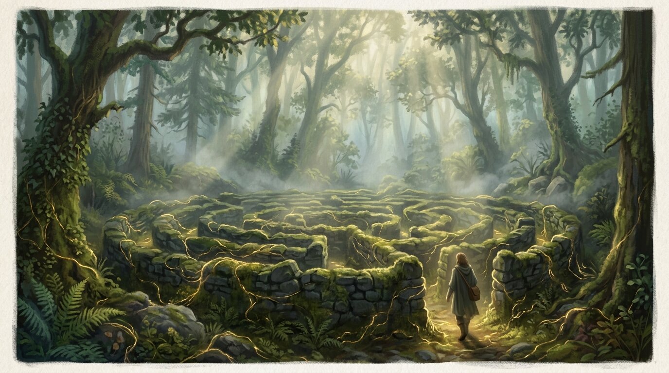 Sunbeams slice through a misty forest canopy onto an ancient stone labyrinth interwoven with strands of warm golden light.
