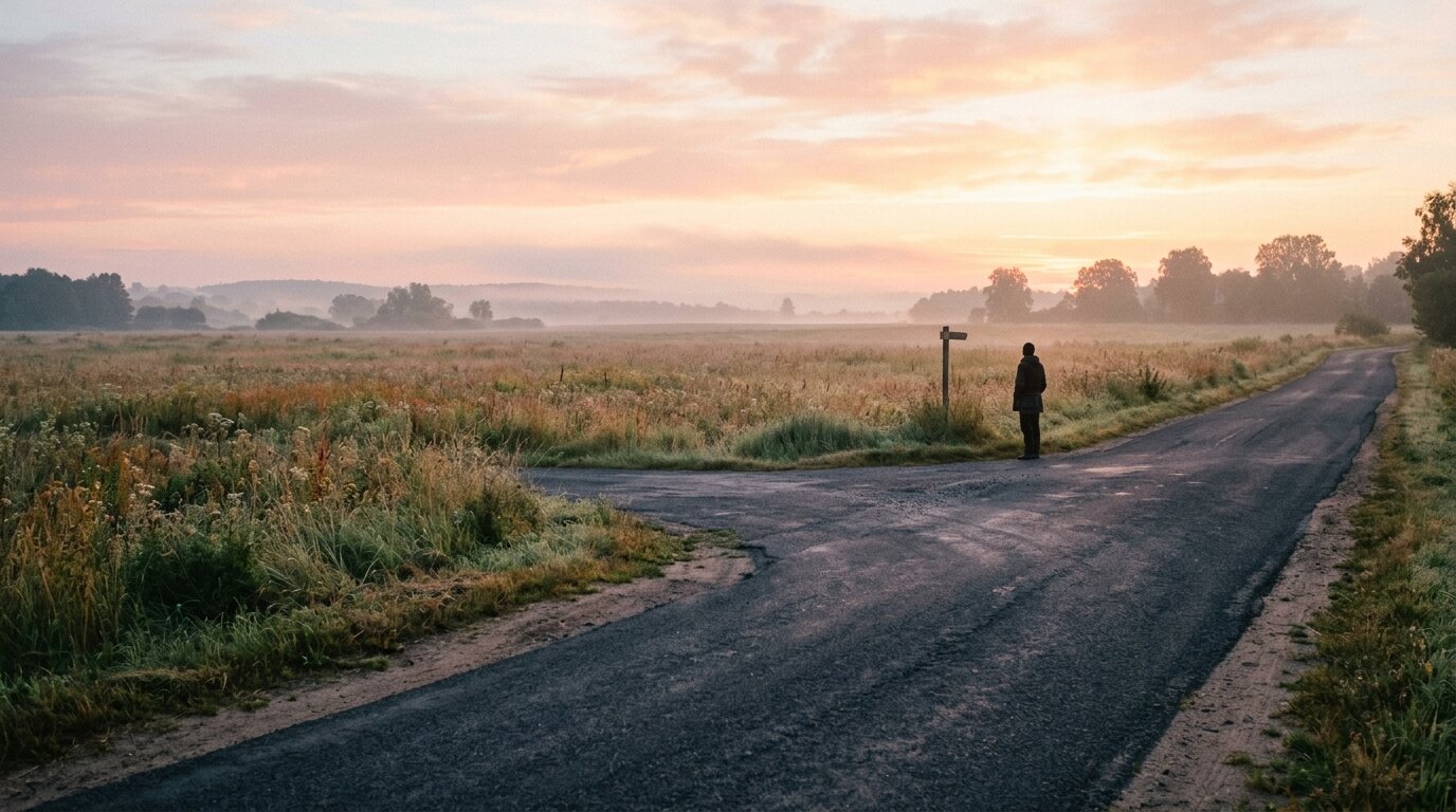 A lone figure stands where a paved road ends, gazing out across an open meadow glowing in the soft pink light of early dawn.