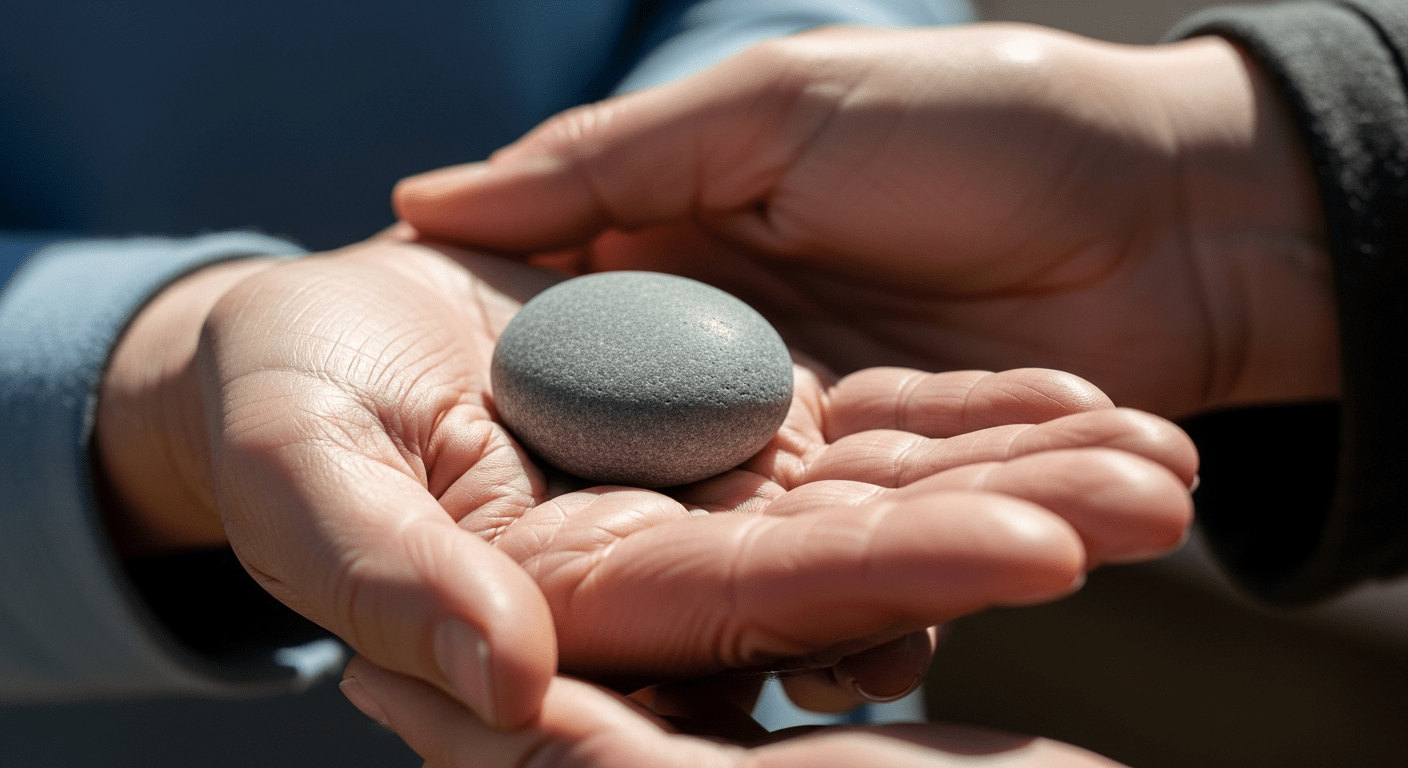 A close-up, soft-focus photo of a weathered, open hand, palm up, as another hand gently places a single, smooth, grey stone into it.