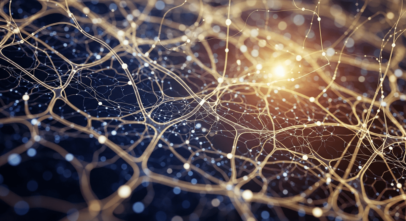 An abstract, close-up photograph of neurological synapses rendered in calming blue and gold, suggesting the beautiful, organic inner workings of the mind.