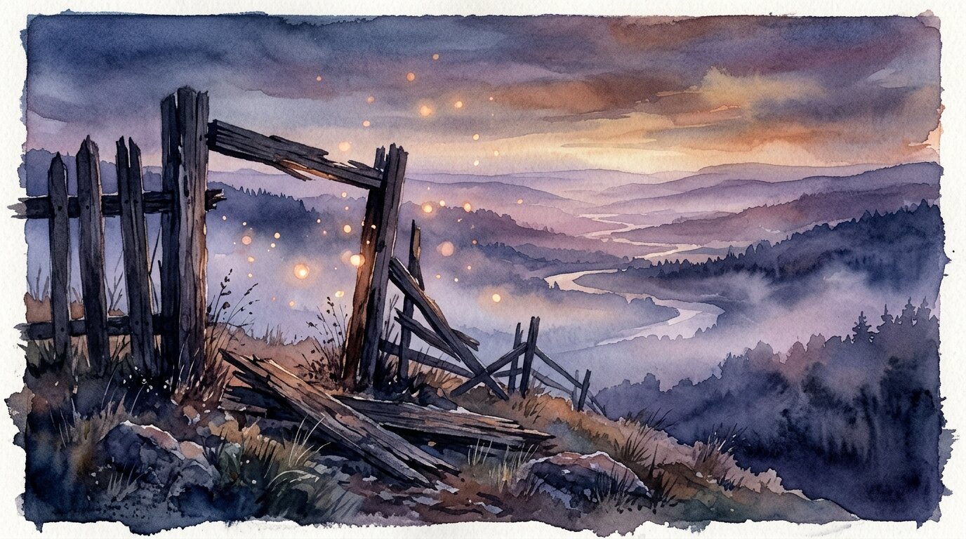 A weathered wooden fence stands open to a vast, mist-shrouded valley illuminated by gentle lavender twilight.