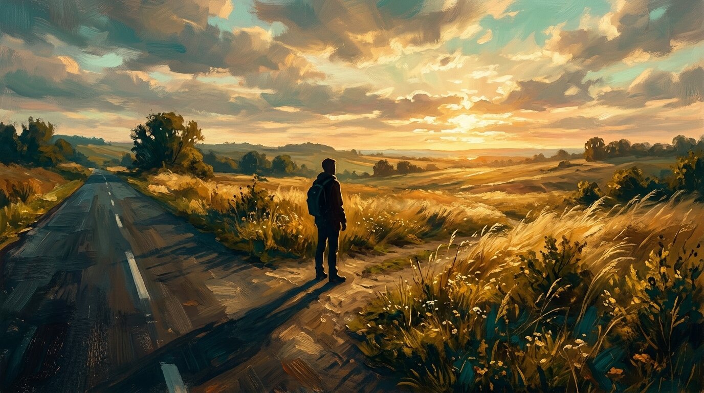 A solitary figure stands where a paved road dissolves into an open, sunlit prairie under a golden morning sky.