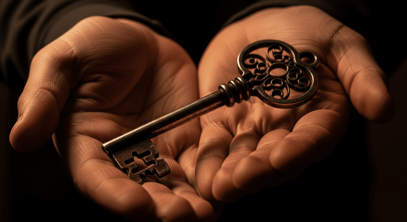 A person's hands cupped around a heavy, antique skeleton key, illuminated by a warm, low light against a dark background.