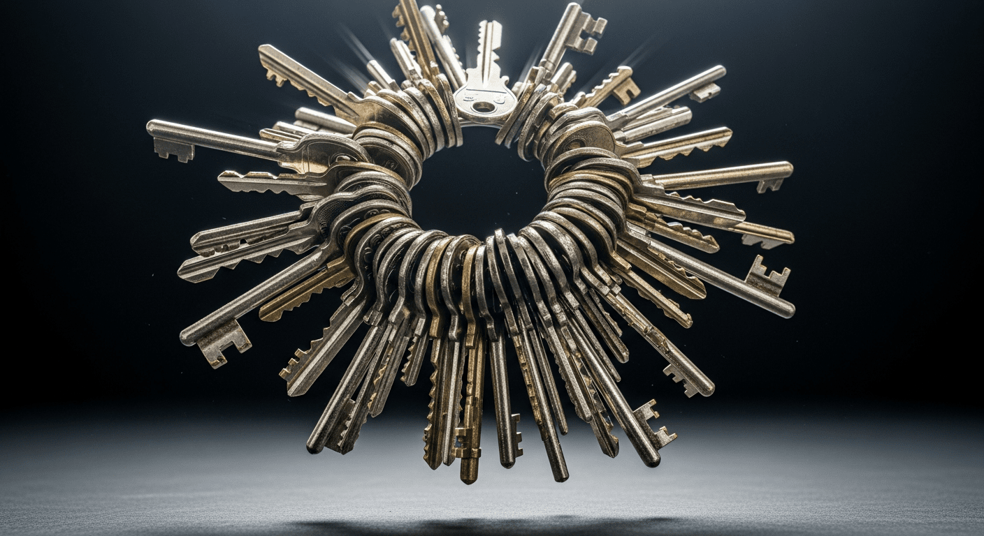 A large, tangled ring of dozens of mismatched silver and brass keys tossed in the air against a dark background, captured with motion blur.
