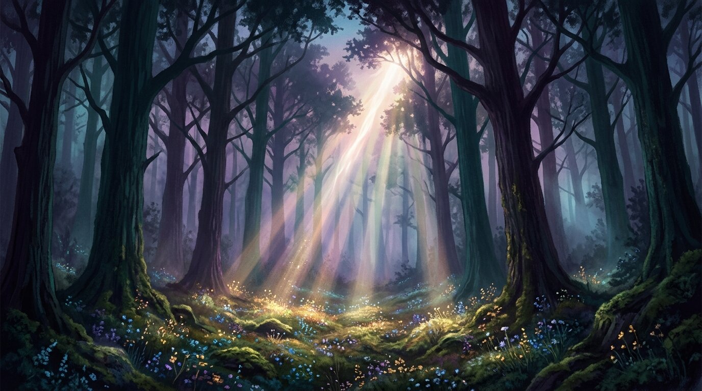 Beams of golden light break through a dark forest canopy to illuminate scattered wildflowers blooming on moss.