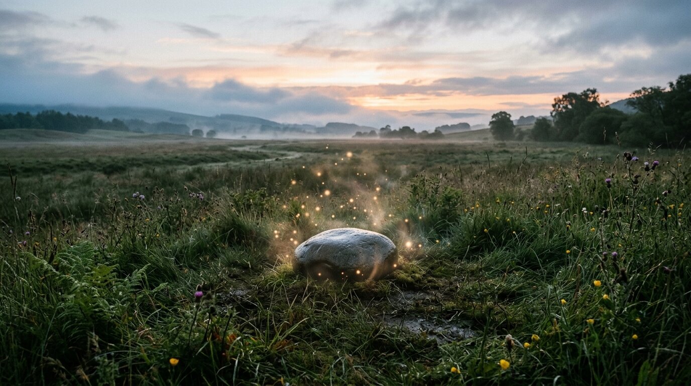 Early morning mist settles over a quiet meadow as warm sunlight touches a smooth stone in damp grass.