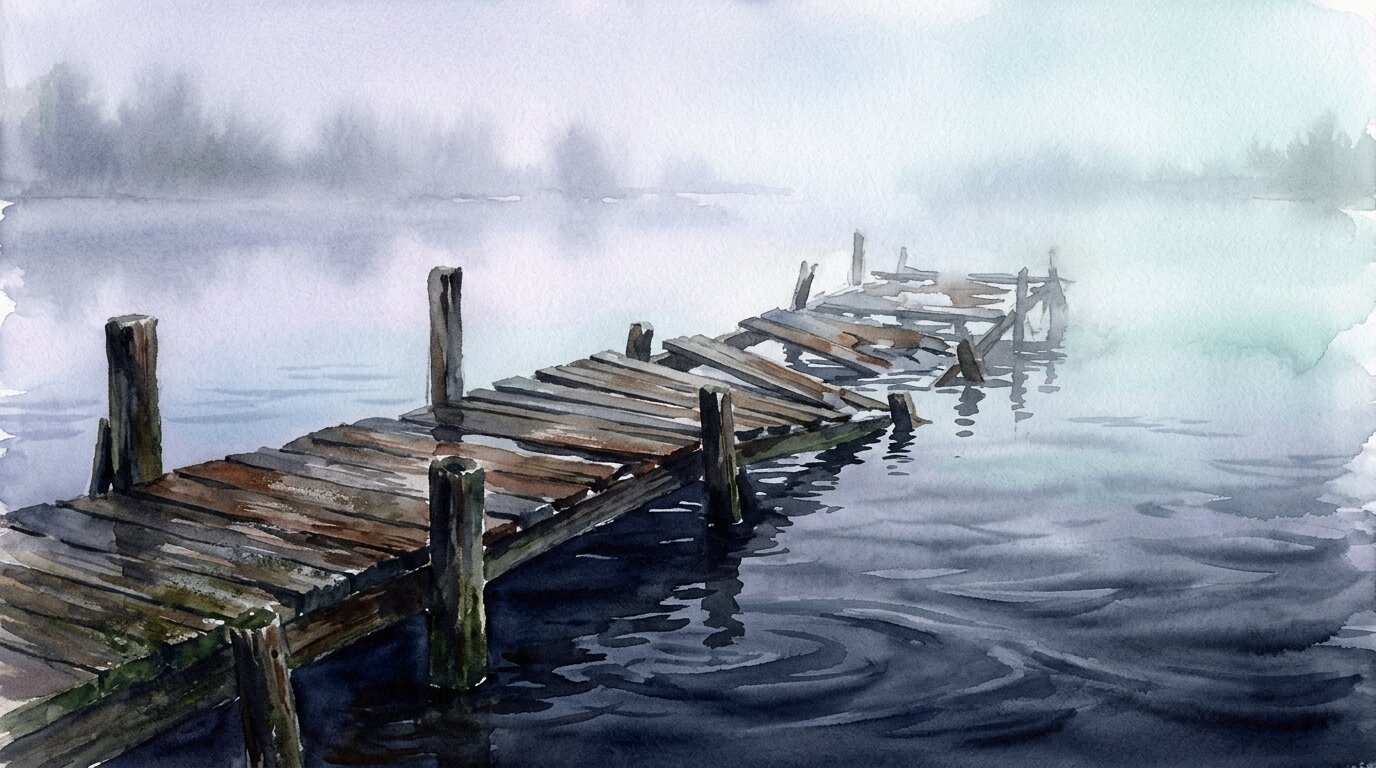 A weathered wooden walkway dissolves into shimmering water, its planks softly tilting beneath a quiet, foggy horizon.