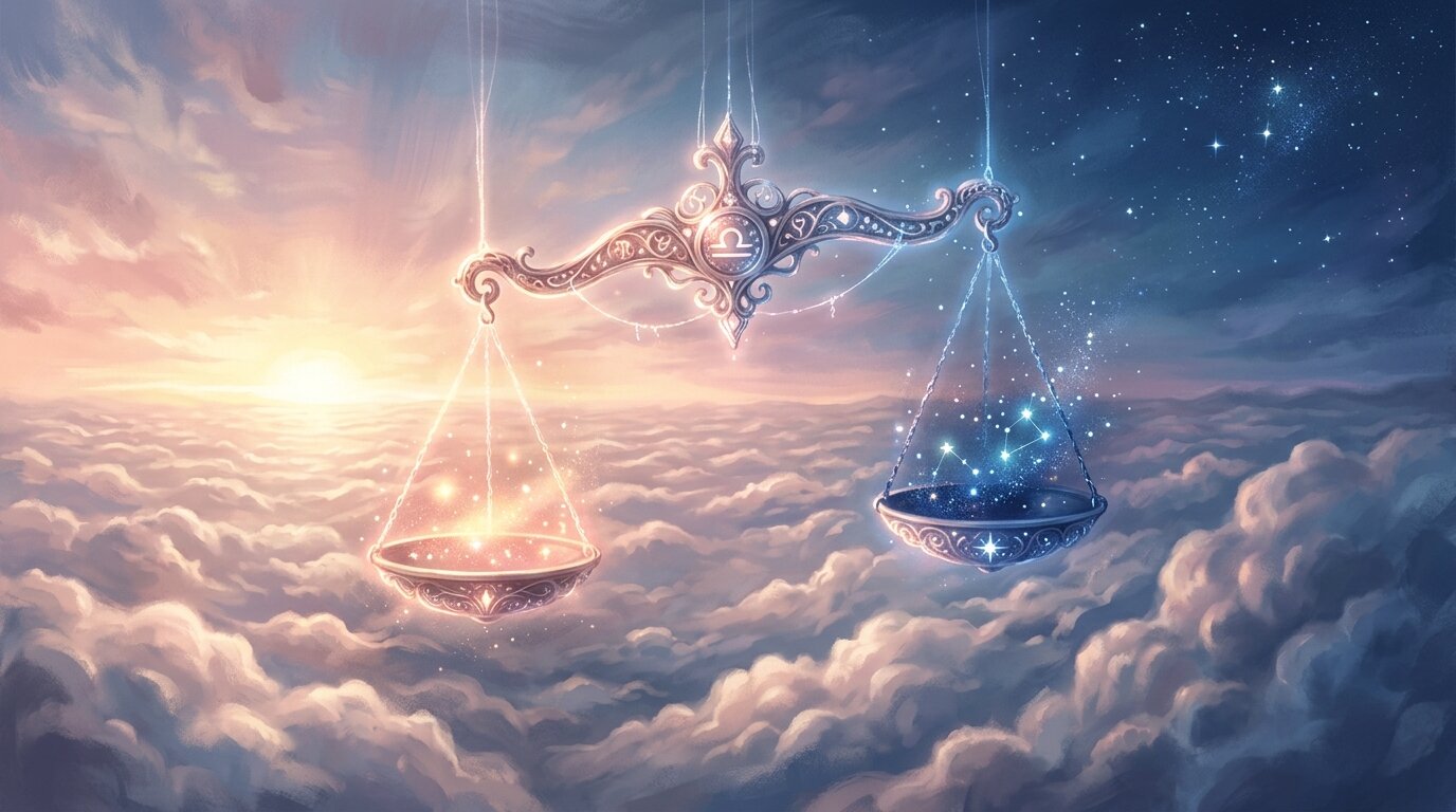 Delicate golden balance scales hang suspended amidst drifting clouds, gently swaying between dawn and nightfall.