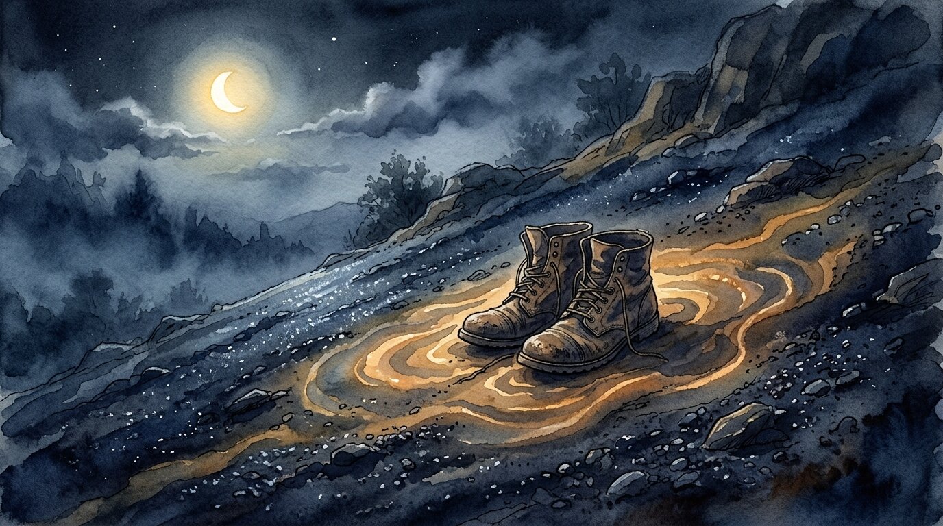 A pair of travel-worn boots rests on a dark gravelly slope illuminated by gentle ripples of amber light beneath a misty evening sky.