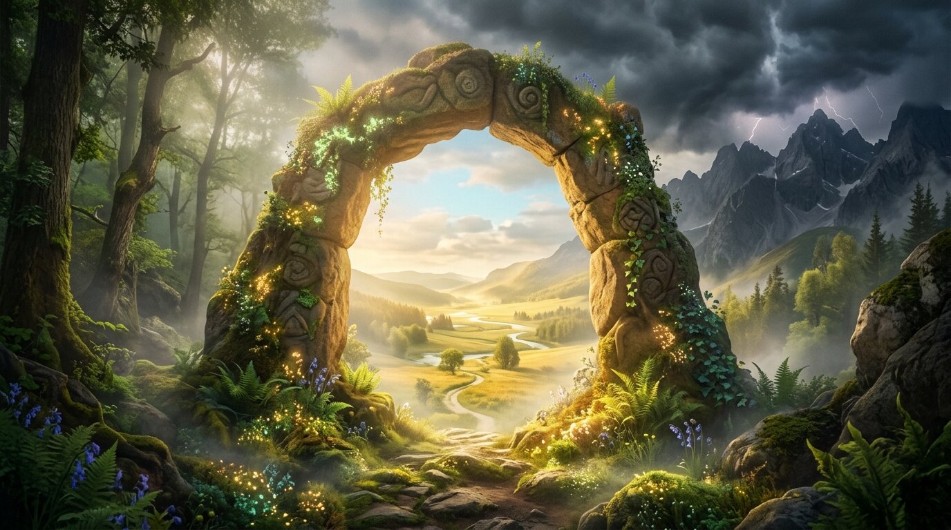 An ancient stone gateway covered in moss leads into a peaceful, golden valley sheltered beneath dark mountain clouds.