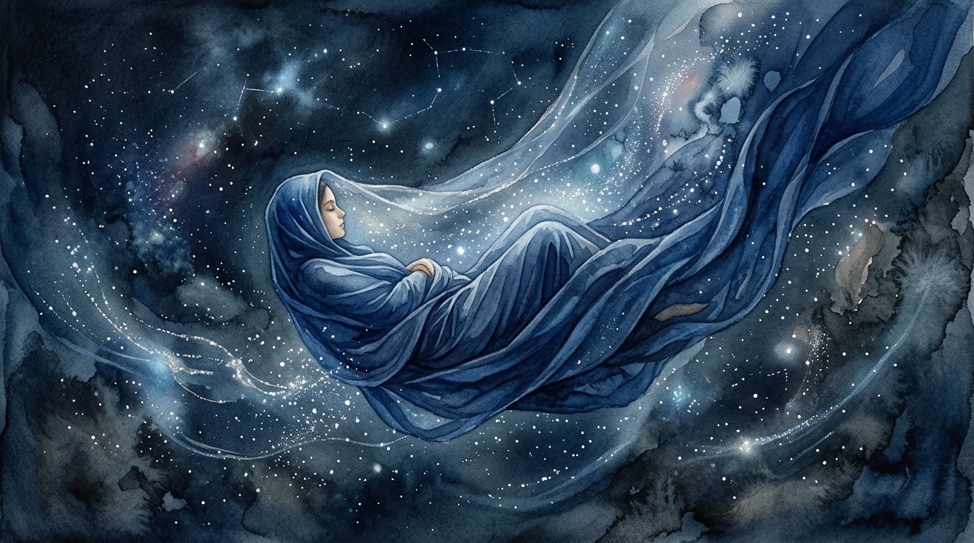 A person rests peacefully suspended inside flowing folds of deep blue fabric and faint stardust in a dark, quiet expanse.