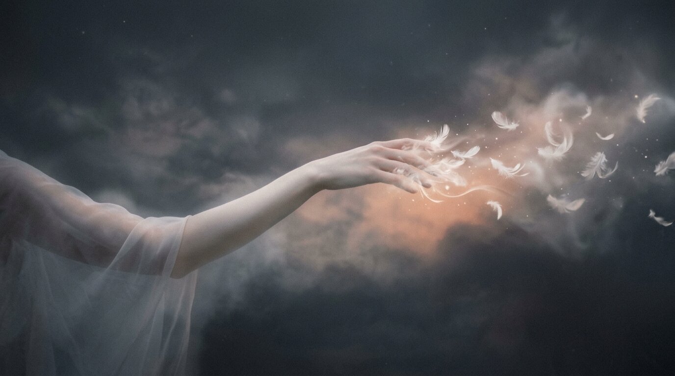 A reaching hand dissolves into soft white feathers and wisps of pale mist against a moody, shadowed background.