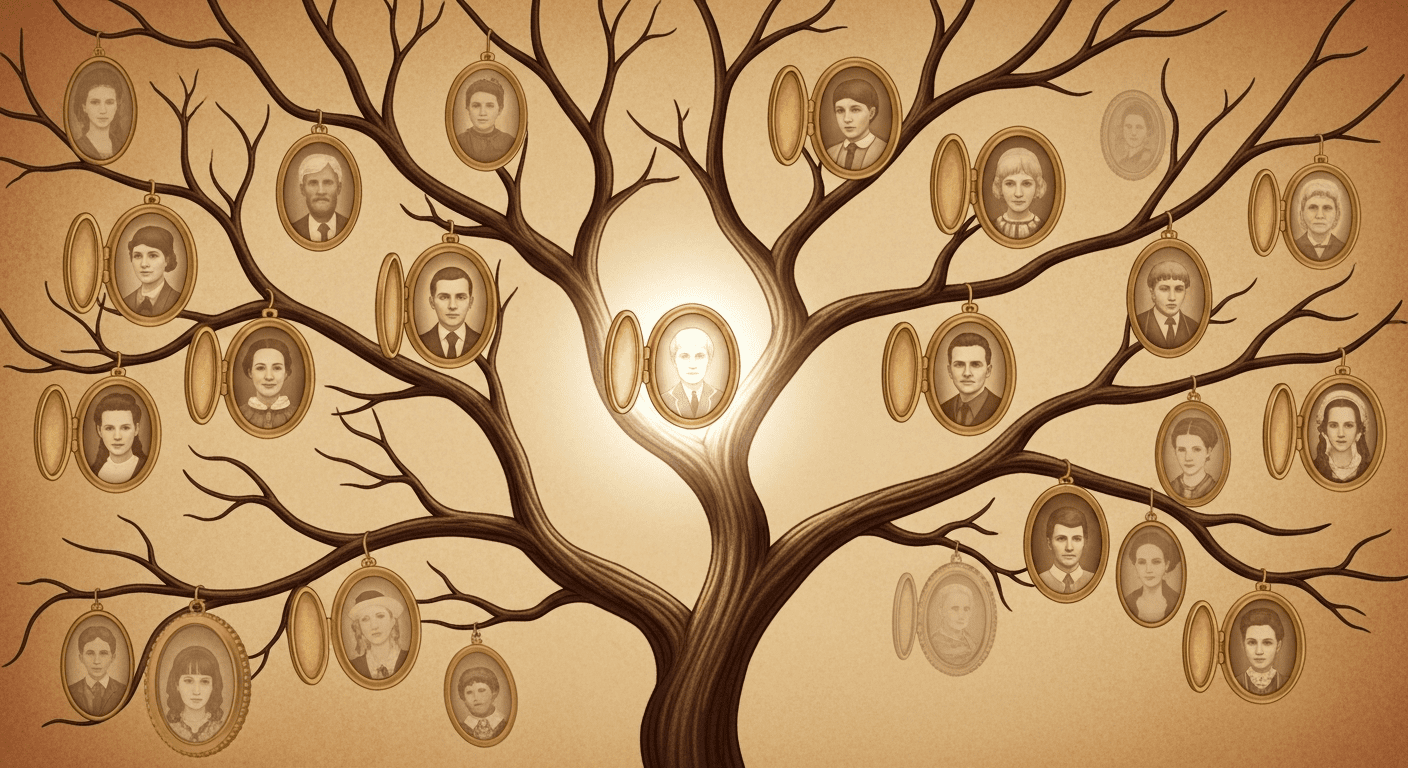 An evocative illustration of a family tree, with branches holding small, glowing, sepia-toned portrait photos. Some are clear, others are hazy, and one unfamiliar photo glows brighter than the rest.