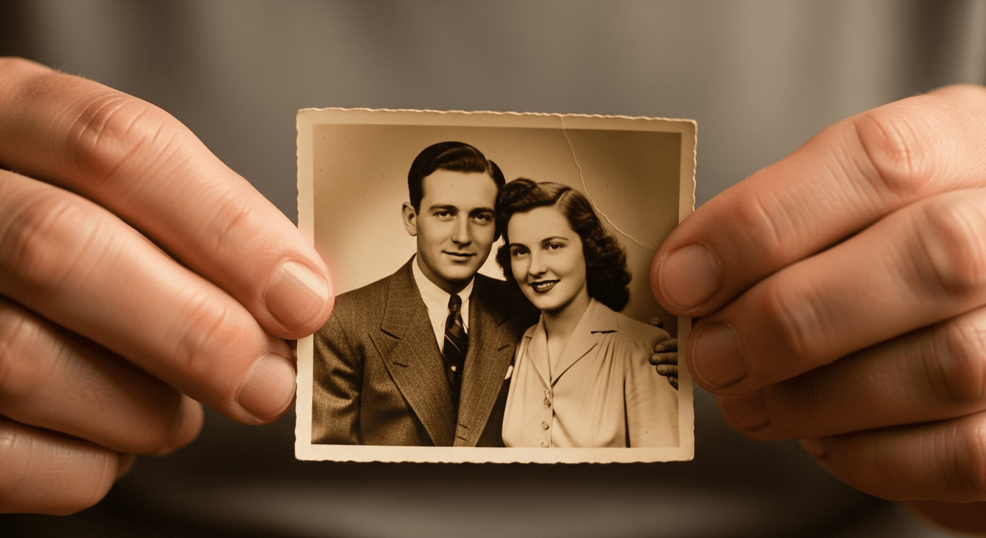 A close-up shot of a person's hands gently holding a small, sepia-toned photograph of a smiling couple from the 1940s, with the focus on the aged texture of the paper.