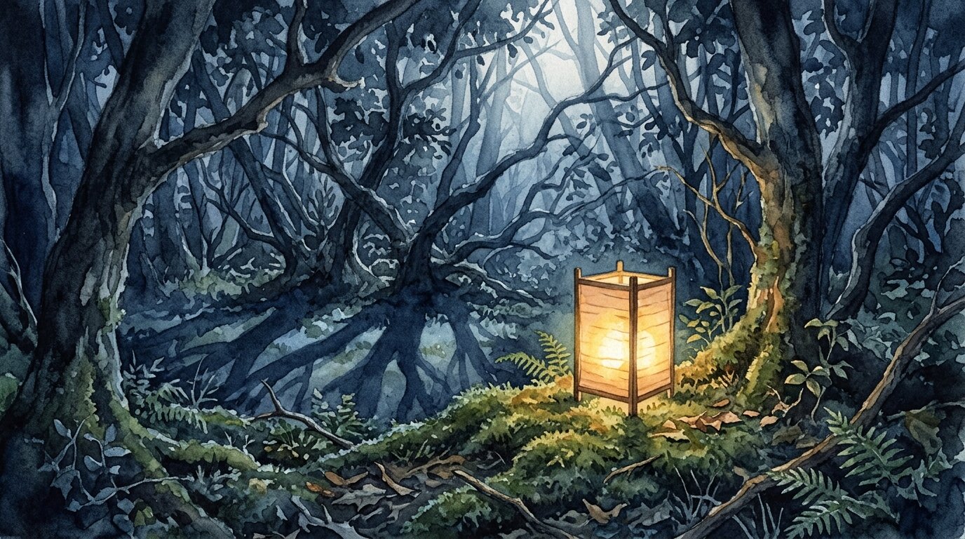 A yellow lantern casts a gentle pool of light on moss amidst dark, shadowed tree trunks.